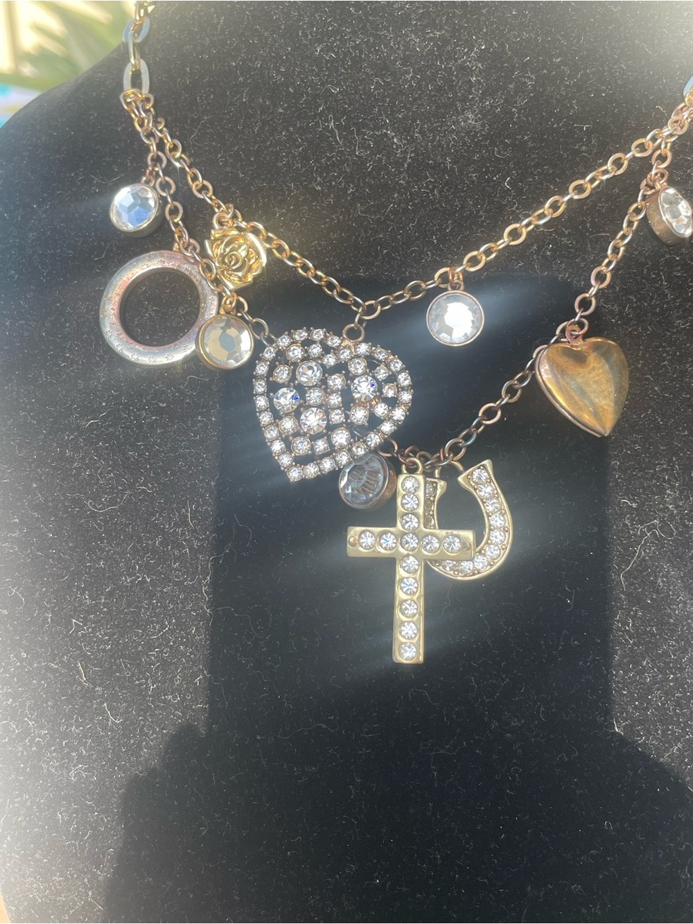 Betsey Johnson Gold-Tone Crystal Cross, Heart & Charm Layered Necklace